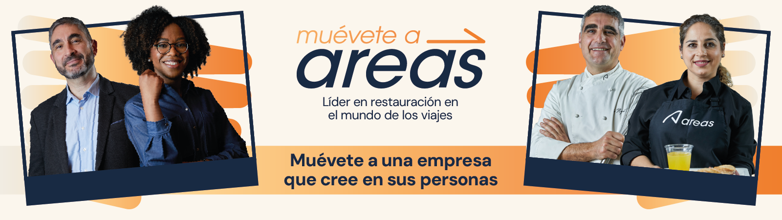Banner corporativo con empleados de Areas y mensaje: “Muévete a Areas, líder en restauración en el mundo de los viajes”.